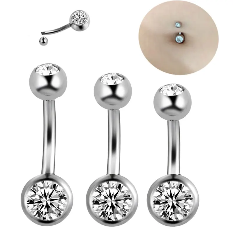 1 Piece 14G Screw Belly Ring Curved Banana Navel Bell Button Ring Clear Double Crystal Ball Body Piercing Jewelry