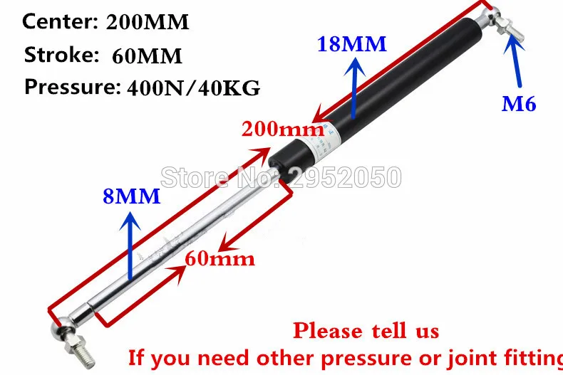 free shipping 40KG/400N force 200mm central distance, 60mm stroke, Ball End Lift Support Auto Gas Spring, Shock absorber