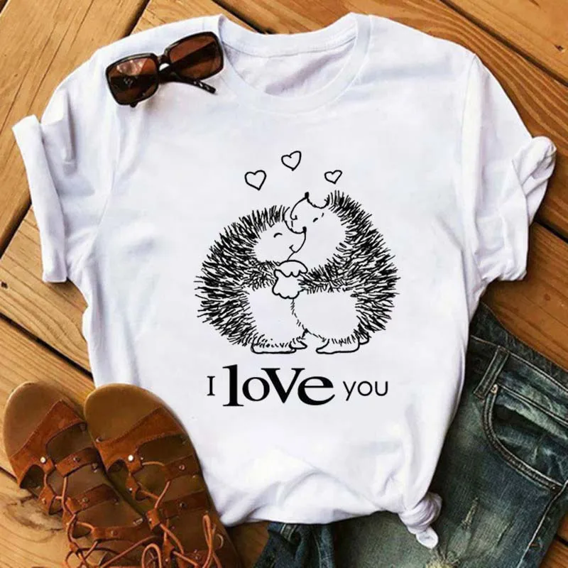 Maycaur Cute T-shirt Female Hedgehog Dandelion Print Tshirt Summer Casual Short Sleeves Tee Tops Kawaii Women Tshirt Streetwear