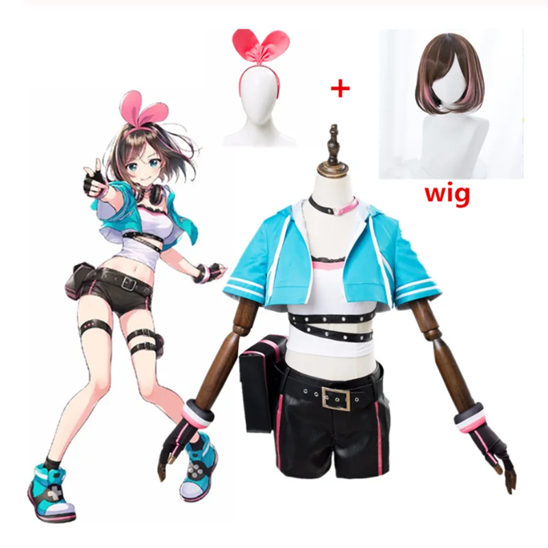 Kizuna AI A.I.Channel Youtuber Tube Tops Coat Shorts Uniform Outfit Cosplay Costumes Wig Anime Halloween Party