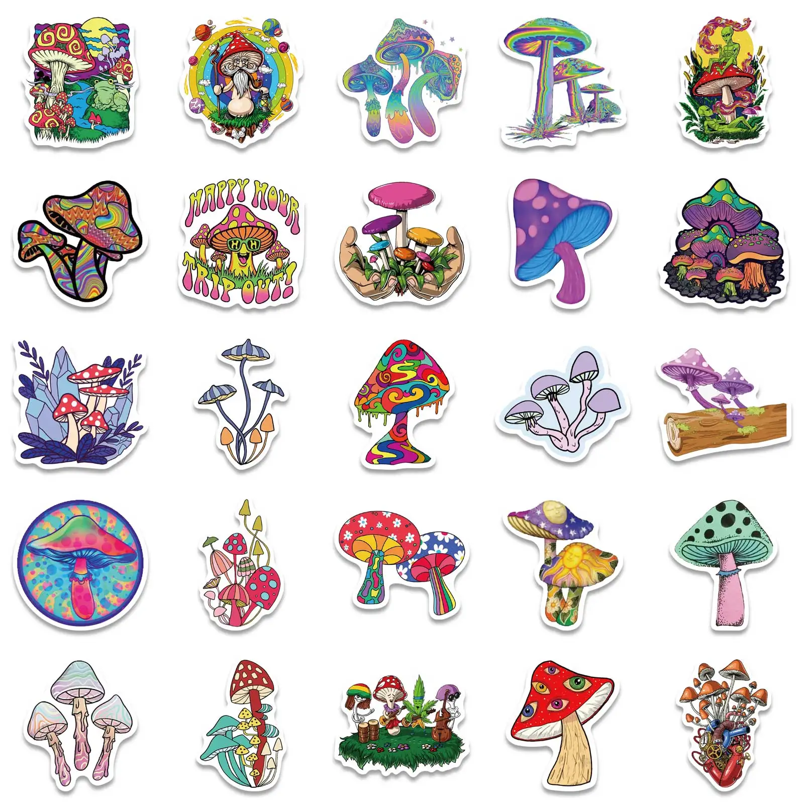 50PCS Cartoon Psychedelic Mushroom Sticker Cute Color Magic Plant Funny Anime Stickers Phone Laptop Scrapbooking Stickers