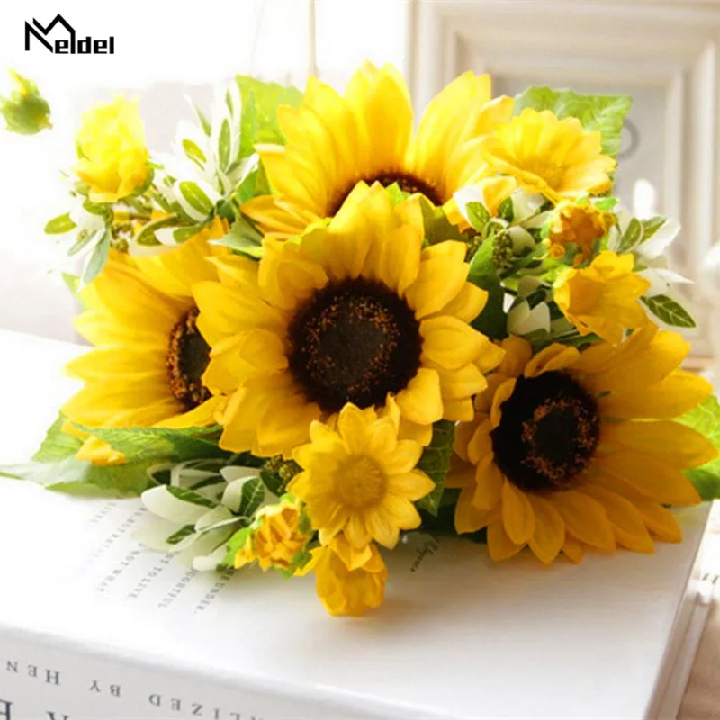 Meldel 7 Branches Artificial Sunflower Silk Flowers Home Wedding Party Decor Artificial Flower Bunch Vase Table Decoration Flore