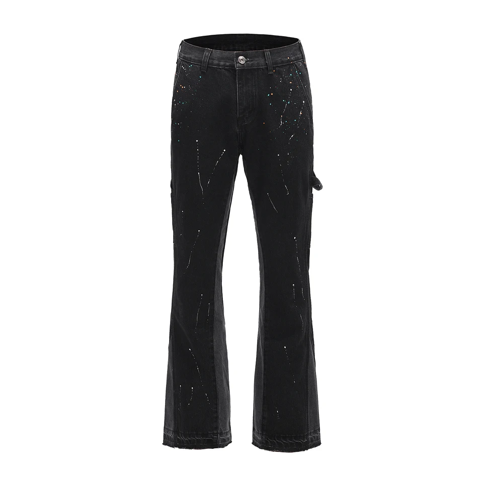 Y2k Streetwear Black Wide Leg Flare Jeans Splashed Ink Distressed