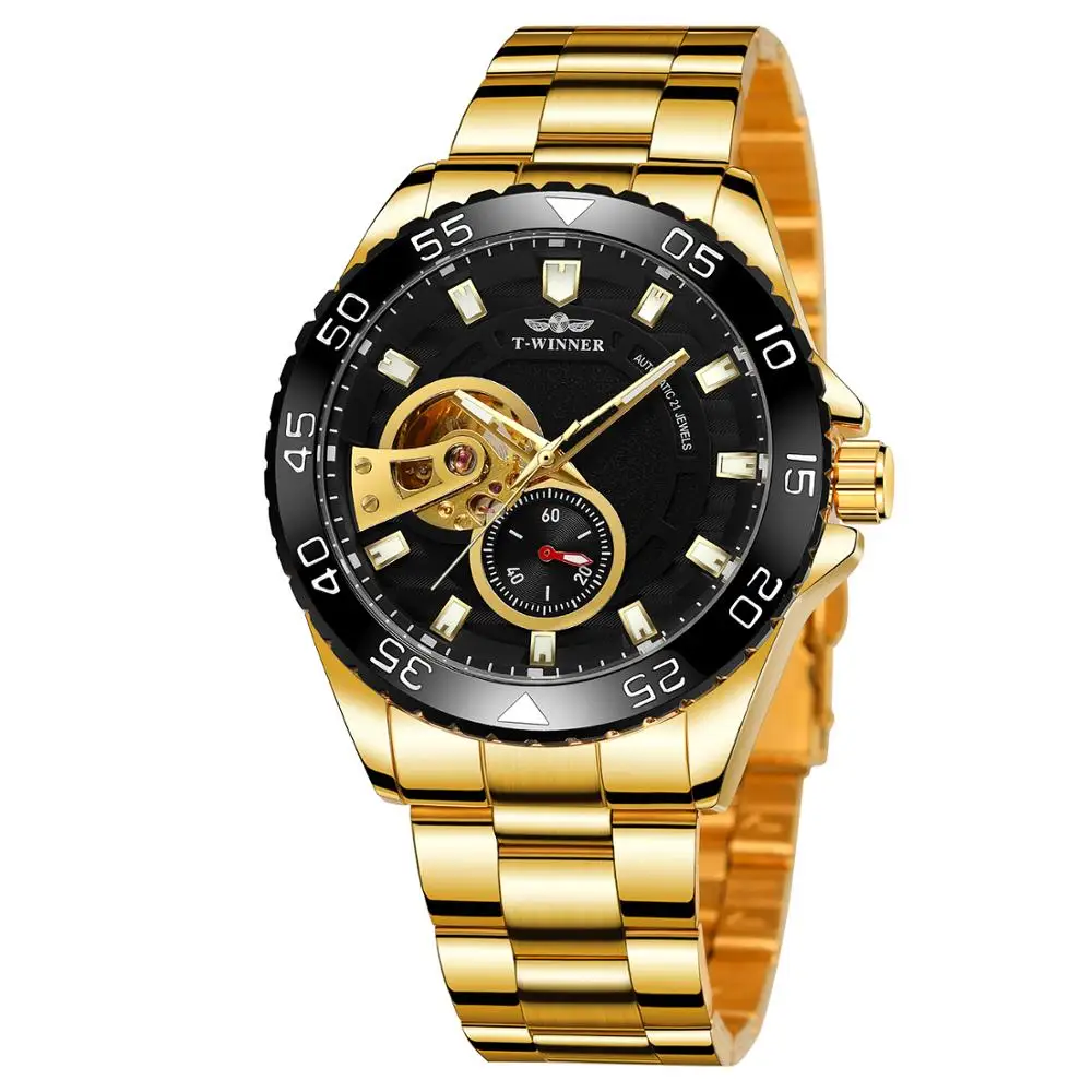 Winner gold and black dial trend luxury automatic mechanical steel belt 4 men's hand watch can rotate multi-hand