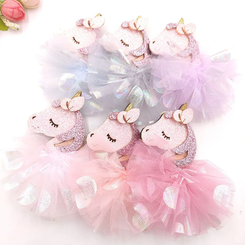 5Pcs/lot 9cm Beauty unicorn mesh gauze skirt Appliques for DIY Hat Clothes Leggings Sewing Supplies Headwear Decor Patches