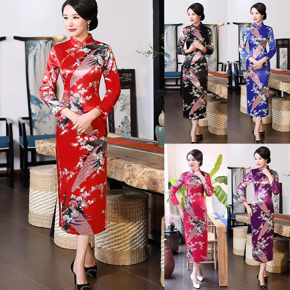 

Traditional Chinese Qipao Women 3/4 Sleeve Peacock Sexy Slim Split Long Cheongsam Stage Show Midi Slim Dress For Wedding