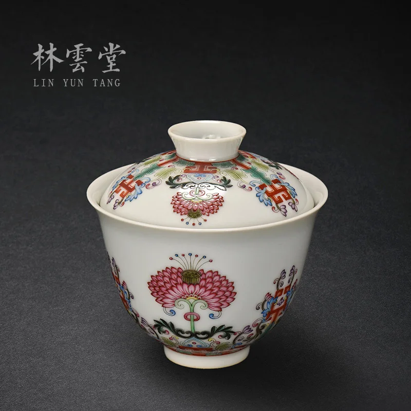 Lin Yuntang's hand-painted enamel covered bowl Jingdezhen handmade ceramic kungfu tea cup tea bowl