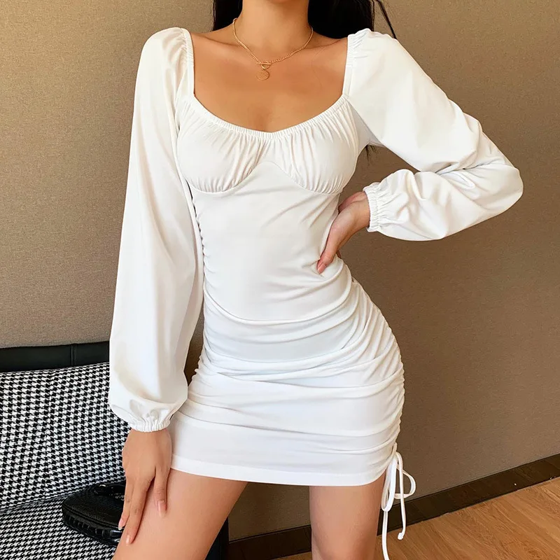 

Women Elegant Puff Long Sleeve Knitting Dress Y2K Sexy Ribbed Ruched Skinny Bodycon Mini Dress Office Lady Bandage Dress