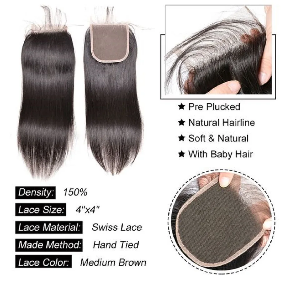 Bone Straight Pacotes de cabelo humano com fechamento, Brazilian Hair Weave Bundles, Lace Encerramento, 4x4, 5x5, 6x6, 26, 28, 30 Polegada