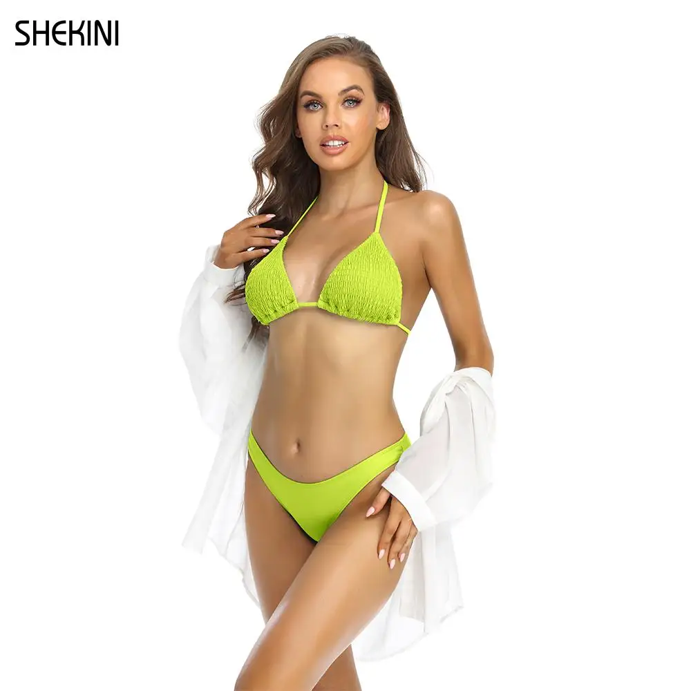 

SHEKINI Women's Halter Brazilian Triangle Bikini Shirred Swimwear Low Waist Swinsuit Bottom Bathing Suit Two Pieces Beachwear