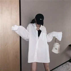 2024 Summer Oversize Long Sleeve Women's White Basic Shirt Pocket Button Up Loose BF Ladies Blouse Casual Female Clothing Tops