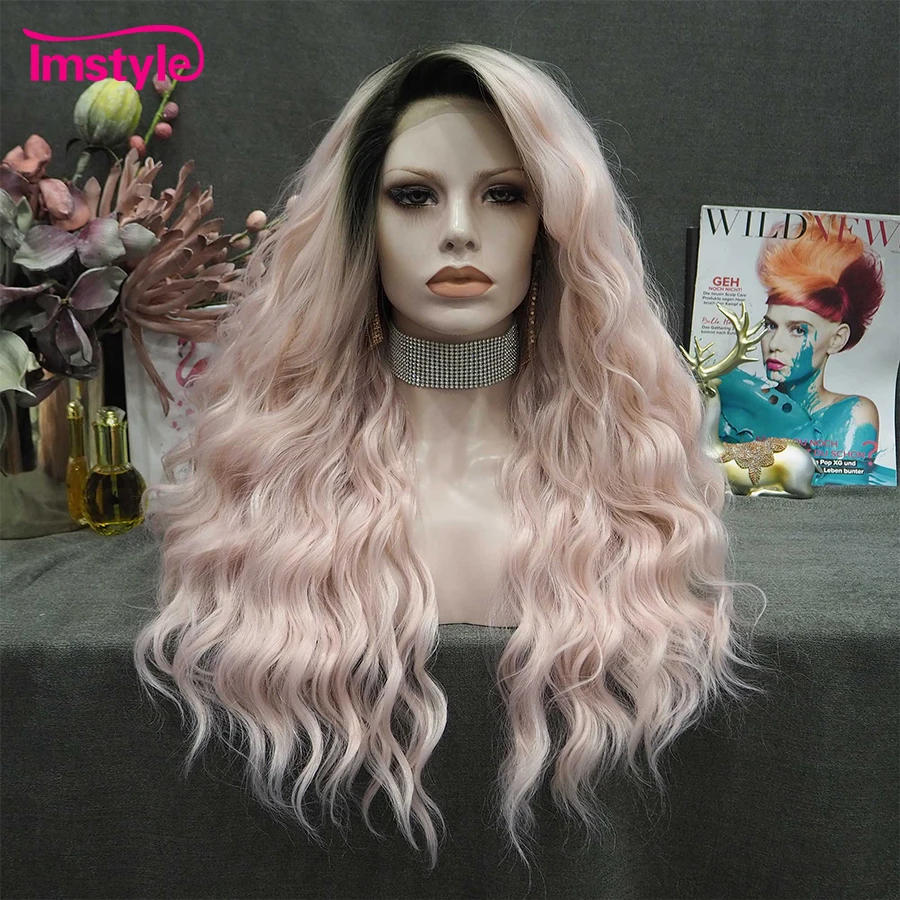 Imstyle Synthetic Lace Front Wig Ombre Pink Wigs For Women Heat Resistant Fiber Long Wig Deep Wave Lace Cosplay Wigs