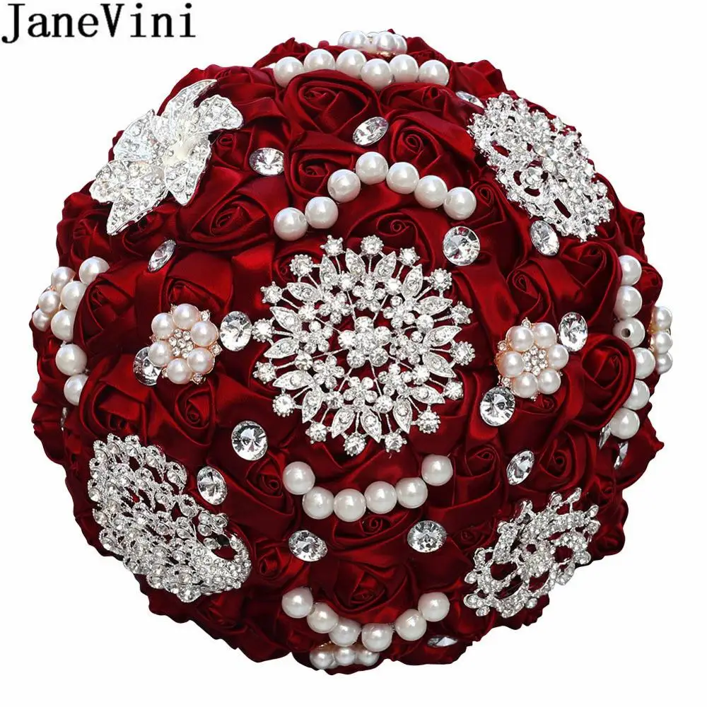 JaneVini Luxury Pearl Diamond Bride Flower Bouquet Wine Red Black Sparkly Rhinestones Crystal Bridal Roses Wedding Bouquets 2020