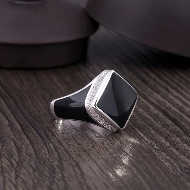 BOCAI New Vintage Inlaid Gemstone Men\'s Ring Real 925 Silver Jewelry  Fashion Simple Black Diamond Shaped Epoxy Birthday Gift