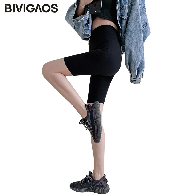 BIVIGAOS 여름 상어 가죽 바이커 반바지 여성 스트레치 높은 허리 무릎 짧은 보디 빌딩 섹시한 반바지 조수 스포츠 반바지