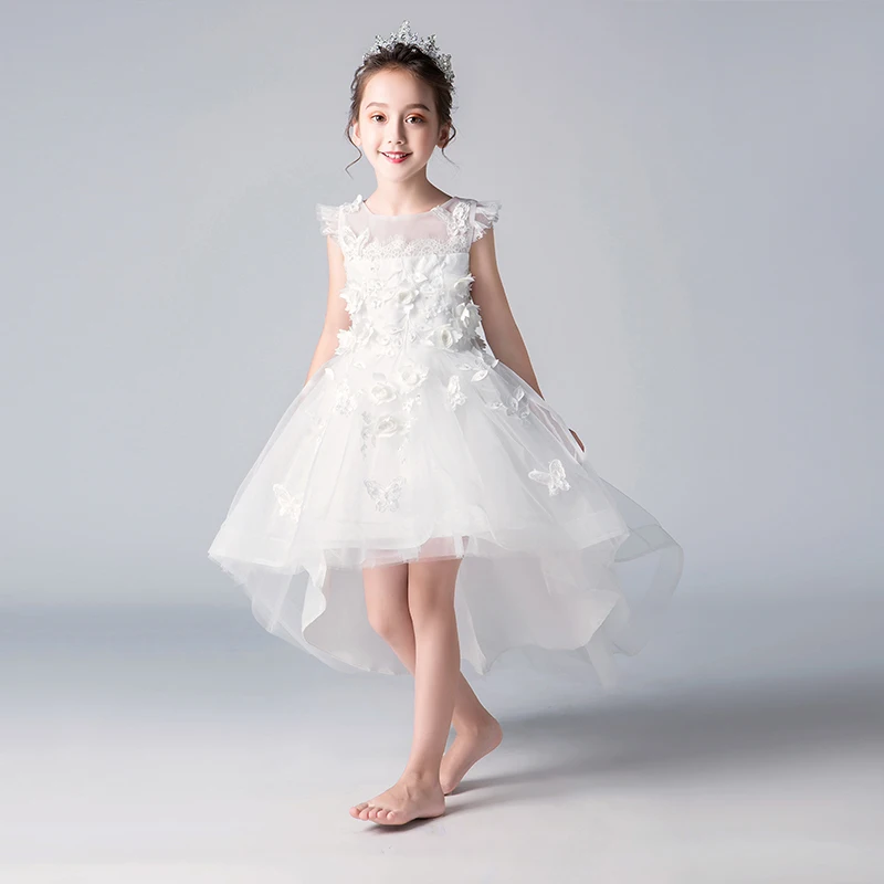

White Tulle Flower Girl Dress Hi-Lo Girls Prom Party Gowns Kids Child Party Evening Princess Wedding Girl Pageant Dresses