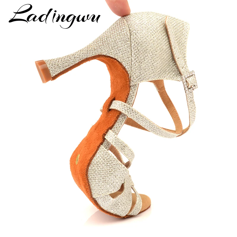 Ladingwu Sıcak Salsa Dans Ayakkabıları Kadın Açık Mavi Glitter kumaş Latin Balo Salonu Parti Yumuşak Alt Dans Ayakkabıları Topuk 6- 10cm