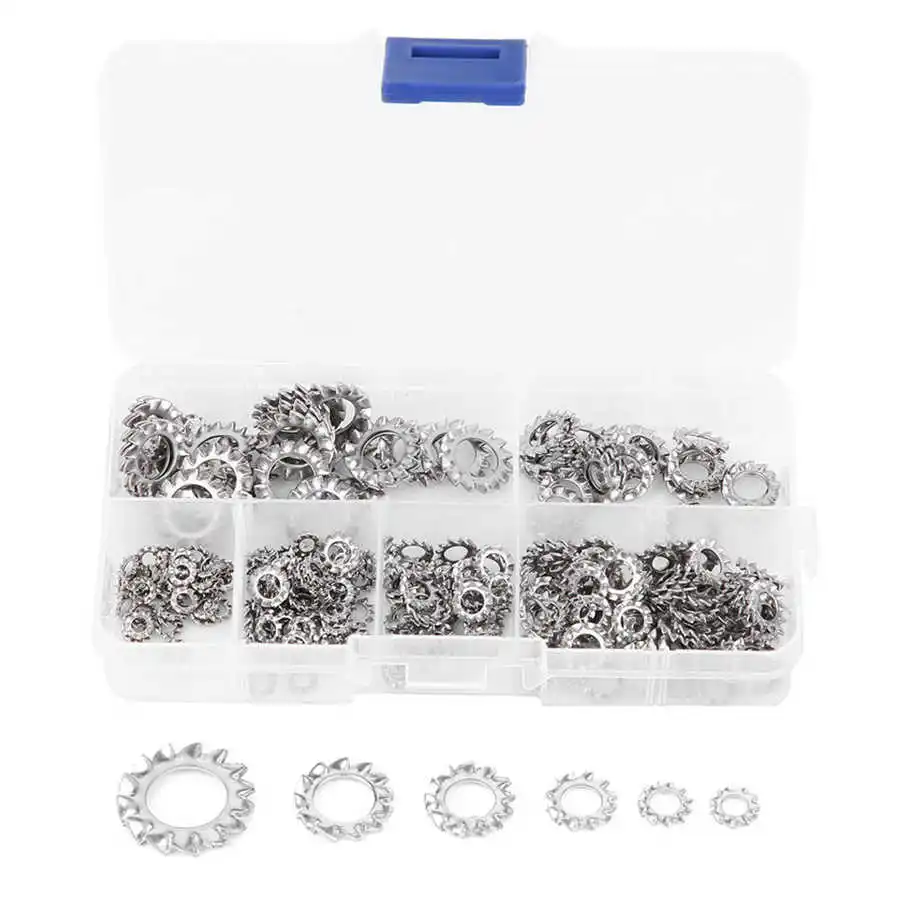 300Pcs M2.5/M3/M4/M5/M6/M8 External Tooth Lock Washer Stainless Steel Anti-Loose Gasket Star Serrated Lock Washer Assortment Kit