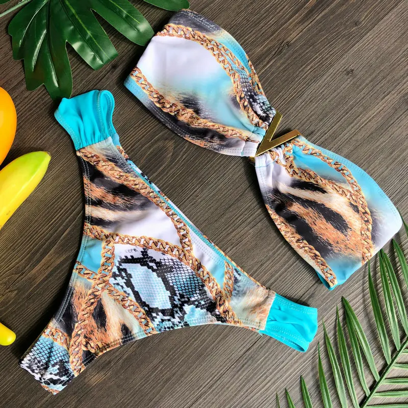 Bandeau Swimsuit Strapless Women Leopard Print Brazilian Bikini Push Up Swimwear 2020 Women Sexy Tanga Bikini Biquini