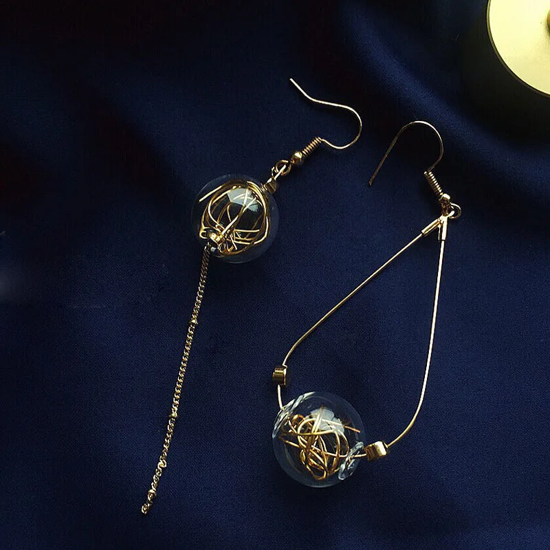 Unique Copper Wire Glass Ball Asymmetric Dangle Earrings For Women Original