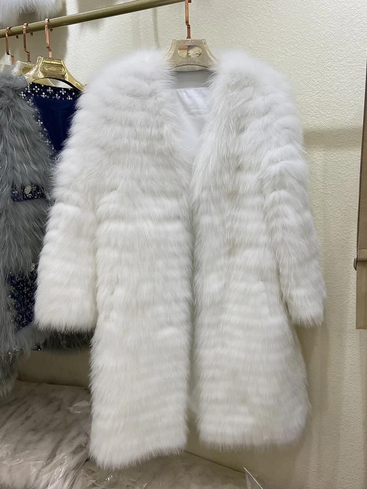 Female Women Winter Fur Strip Sewed Toghter Real Fox Fur Long Jacket Outerwear Coat Length 95cm