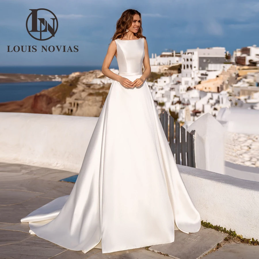 LOUIS NOVIAS Vestidos De Novia De satén para mujer, vestido De Novia Sexy Simple con cuello redondo y mangas, vestido De Novia bordado, Vestidos De Novia