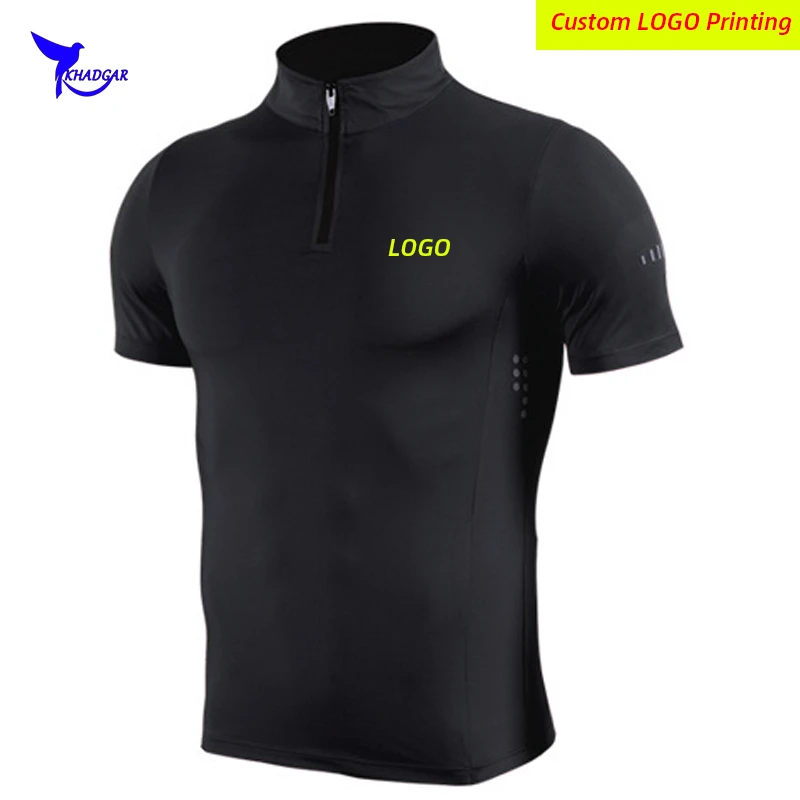 

Half Zipper Short Sleeve Running Shirts Men Stand Collar Quick Dry Gym Fitness Sportswear Stretch Workout Athletic Tops Custom