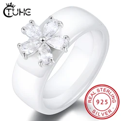 925 Silver CZ Crystal Women Ring Bling White Stone Flower Shape Healthy Ceramic Rings Fashion Women Chritmas  Jewelry Gift