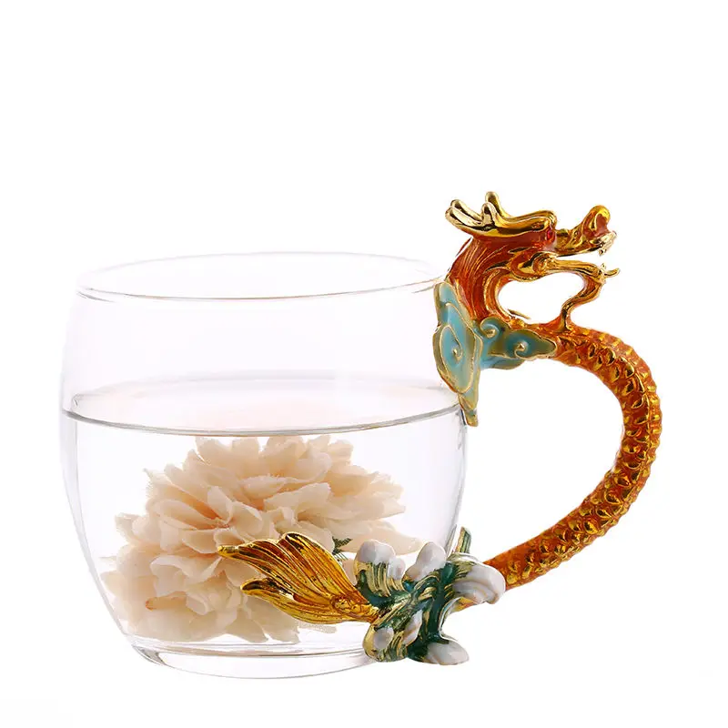 

High-end Luxury Enamel Color Tea Cup High Temperature Resistant Glass Phoenix Dragon Head Cup Coffee Mug with Spoon Gift Box