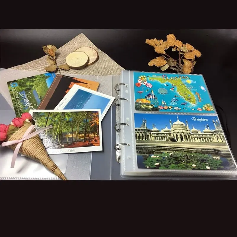 شفاف B5 فوتوكارد حامل 4 جيب جرابات بطاقات متعددة الحجم بطاقة بريدية ألبوم 4 حلقة الموثق للبطاقات