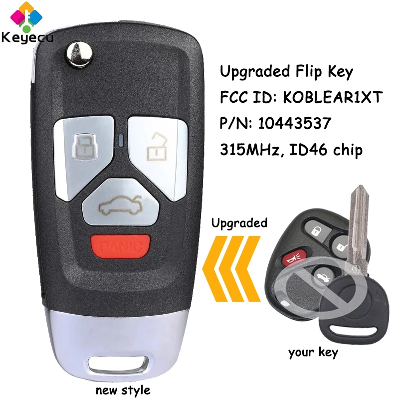 

KEYECU Upgraded Flip Remote Car Key With 4 Buttons 315MHz ID46 Chip for Chevrolet for Buick Fob FCC ID: KOBLEAR1XT P/N: 10443537