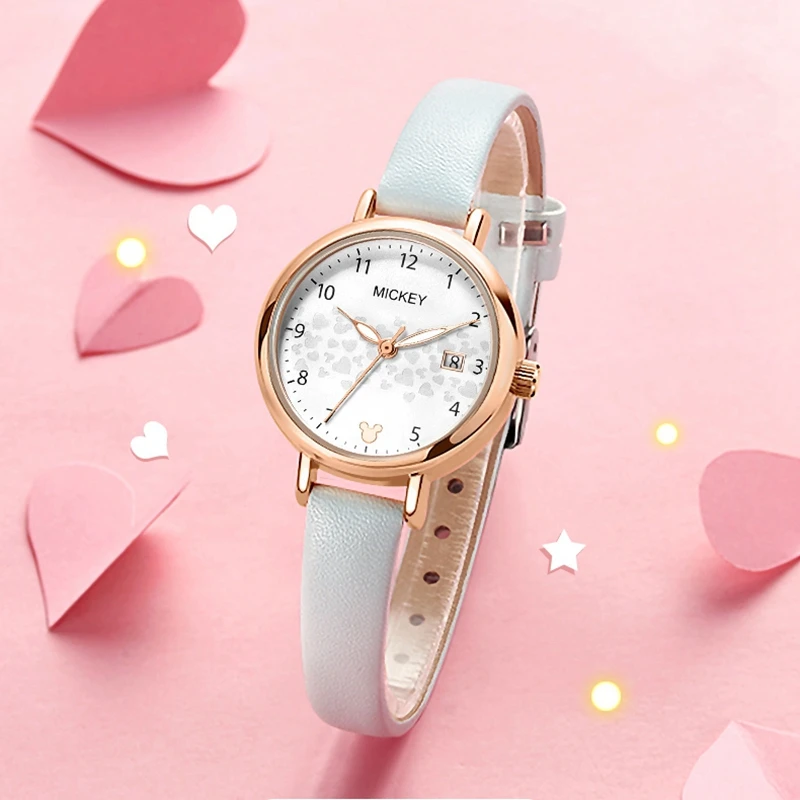 Disney Official Women Fashion Casual Quartz Wristwatches Micky Mouse Cute Small Dial Pu Strap Luminous Hands Lady New Gift Clock