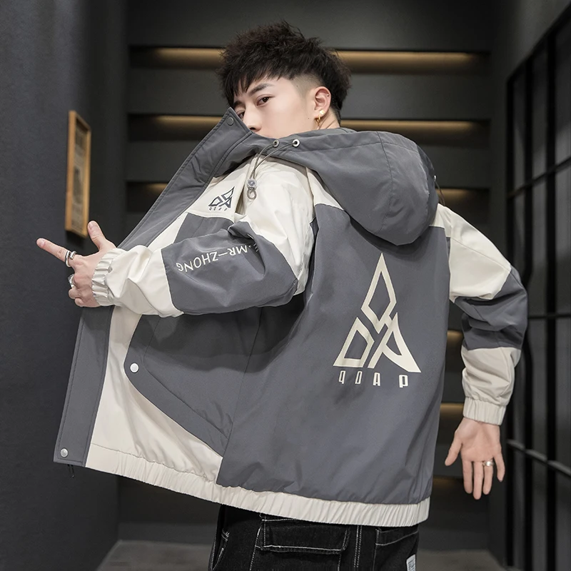 

2021New Spring Autumn Hooded Jacket Men Print Harajuku Windbreaker Overcoat Male Casual Outwear Hip Hop Streetwear Coat Men