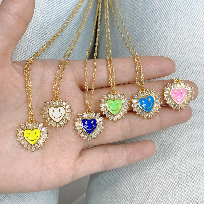 5PCS/LOT High Quality Jewelry Wave Chain Rhinestone Heart Enamel Happy Smile Face Necklace