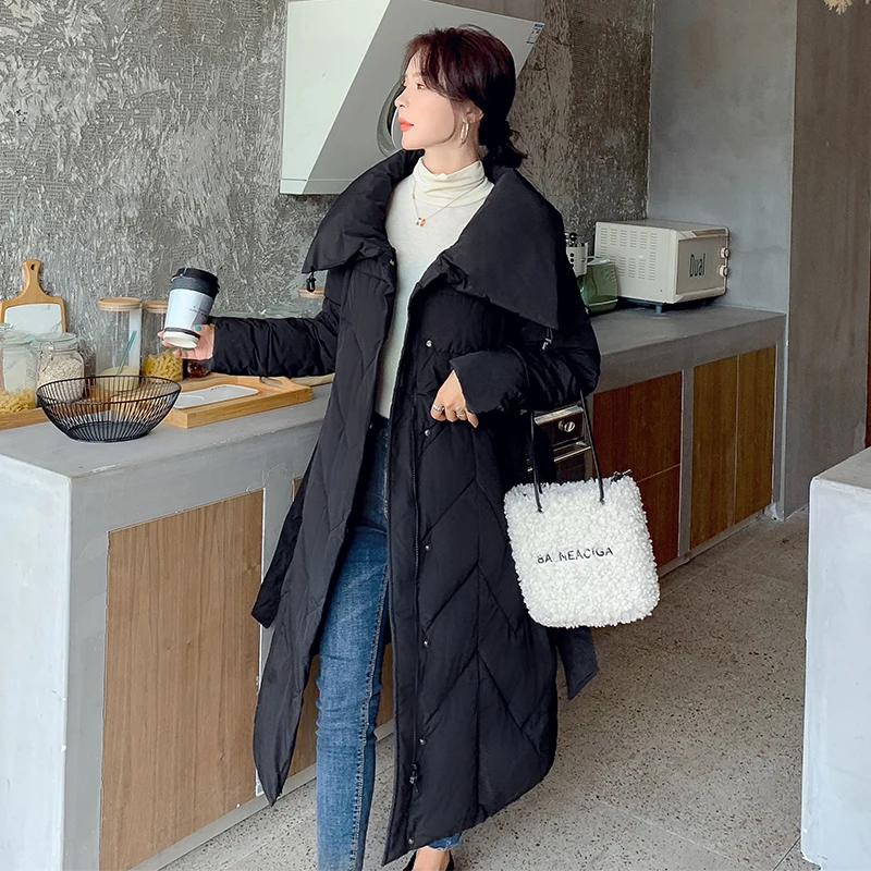 Winter Solid Turn-Down Collar Down Cotton Jacket Women Korean Style Casual Long Parkas Zipper Pockets Female Overcoat