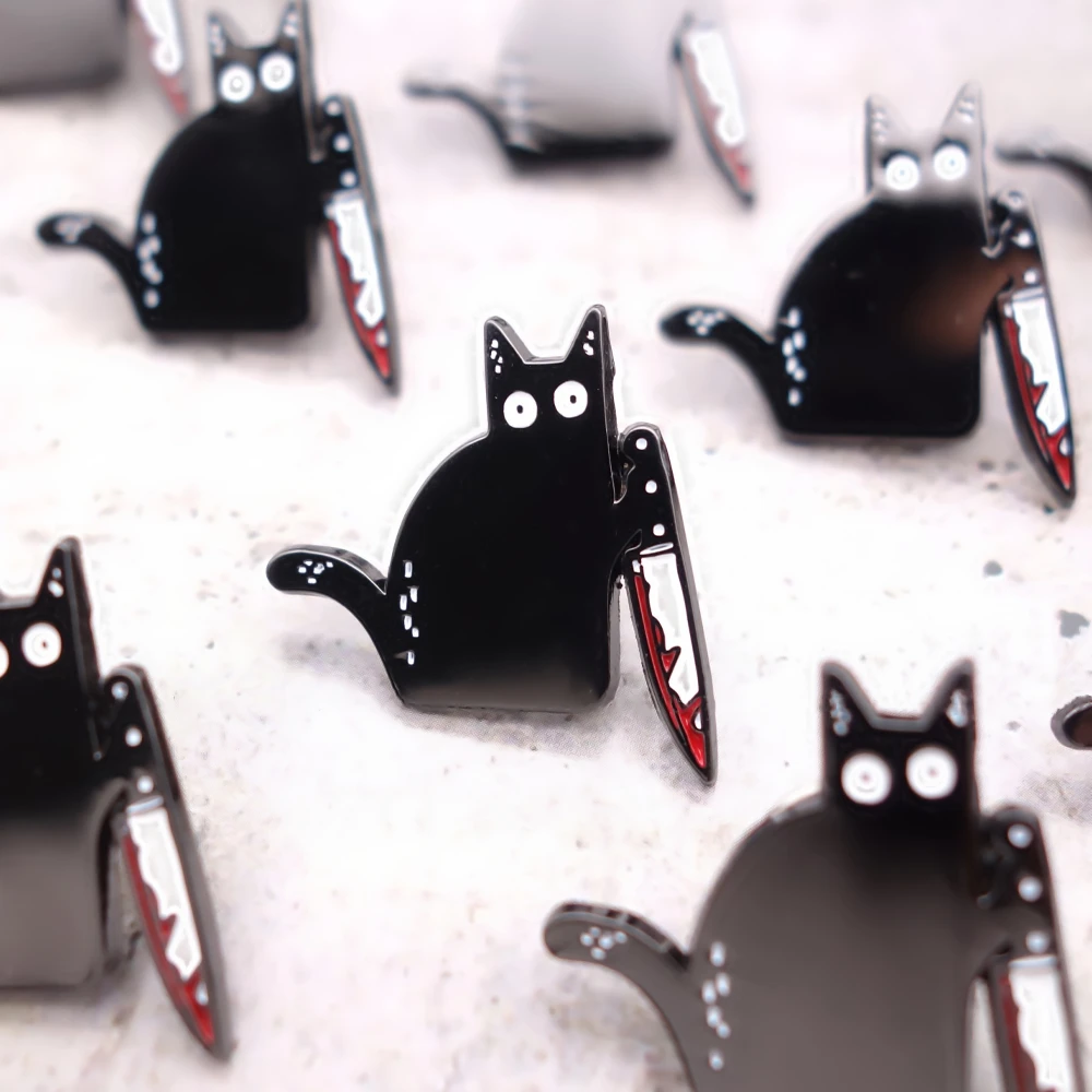 Bloody Knife Killer Black Cat Enamel Pin Gothic Animal Brooch Accessories Unique Lapel Backpack Pins Jewelry