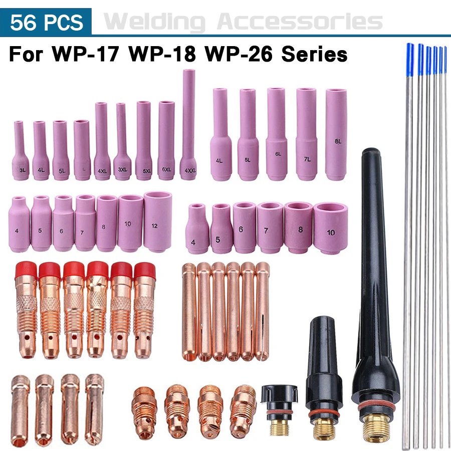 

56Pcs Tig Welding Torch Kit Nozzle Collet Back Caps WL20 2% Lanthanated Tungsten Welding Tool Accessories For Wp17 Wp18 Wp26