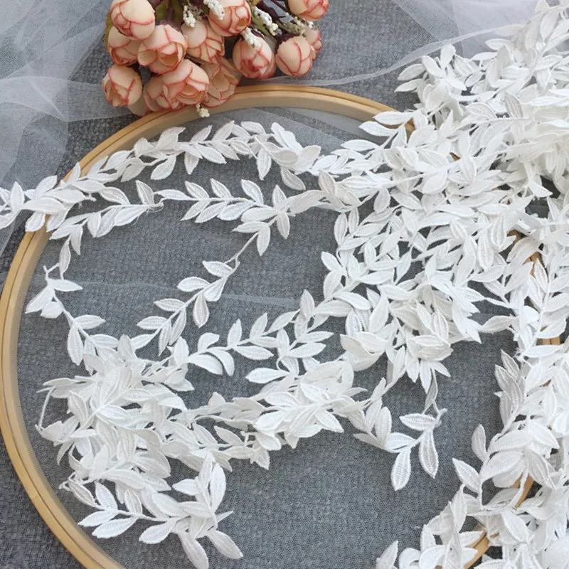 1Yard 91cm High Quality Lace Fabric 2cm Embroidery White Leaf Lace Ribbon Trimmings Sewing Wedding Collar dentelle encajes F32