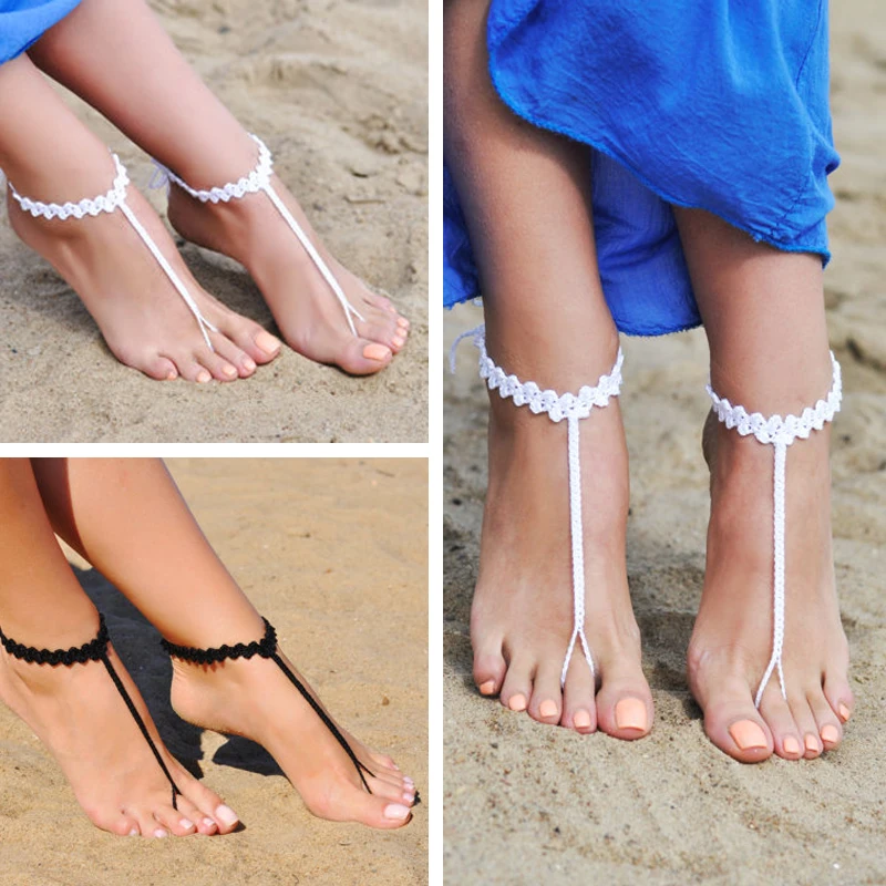 Fashion White Bride Wedding Feet Jewelry Sandals Barefoot Beach Party Crochet Anklet