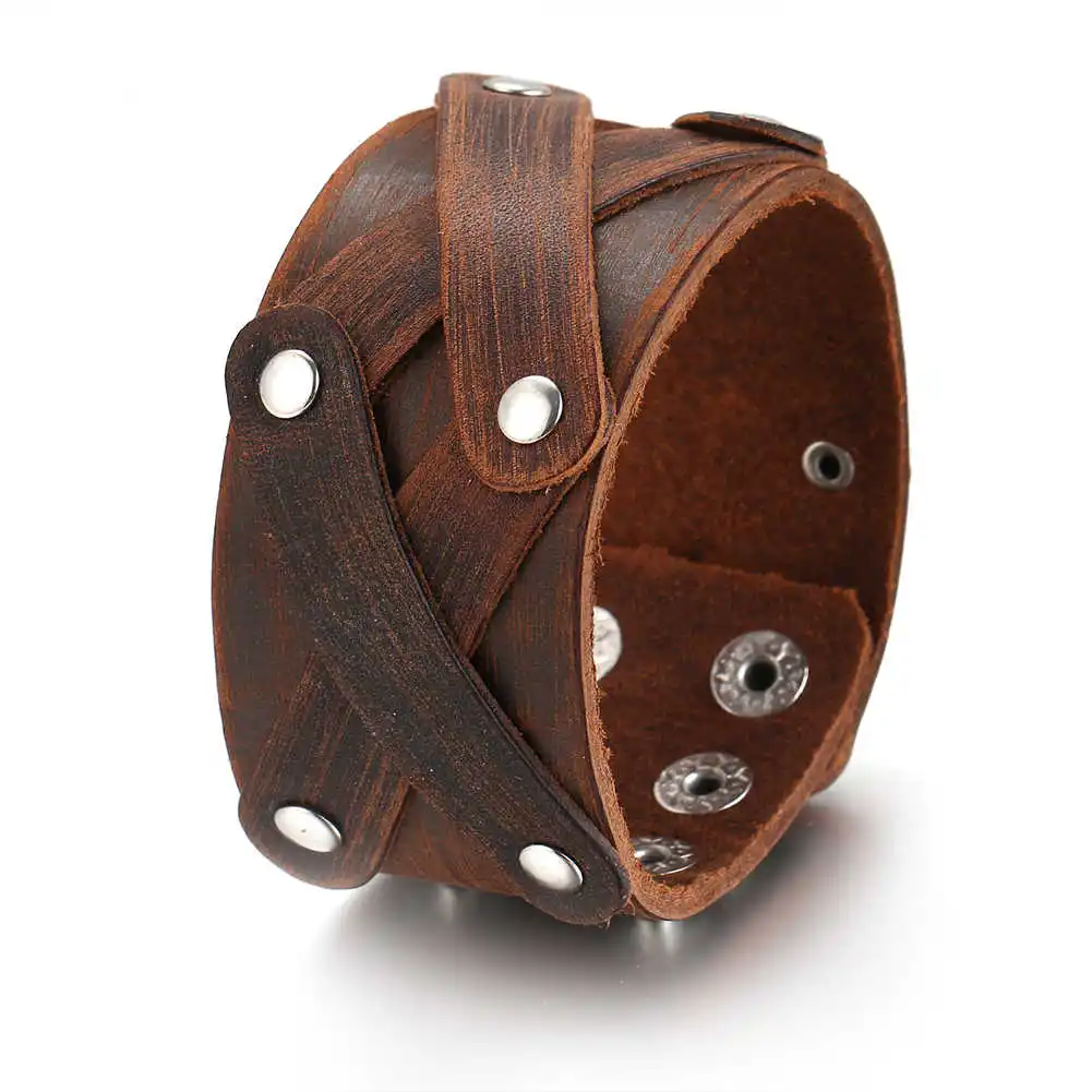 2024 Trend Jewelry Vintage Hand-woven X Letter Brown Leather Bracelet Men'sCuff Multi-breasted Wide Leather Bracelet