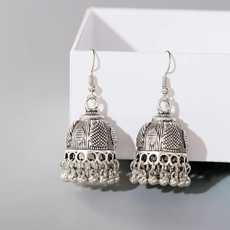 Ethnic Retro Silver Color Flower Alloy Tassel Dangle Earrings For Women's Indian Jhumka Earrings Turkey Bijoux