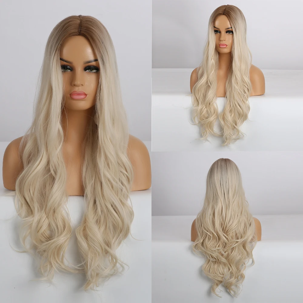 LOUIS FERRE Long Ombre Brown Light Blonde Synthetic Wigs Middle Part Water Wave Cosplay Wig For Black Woman Heat Resistant Fibre