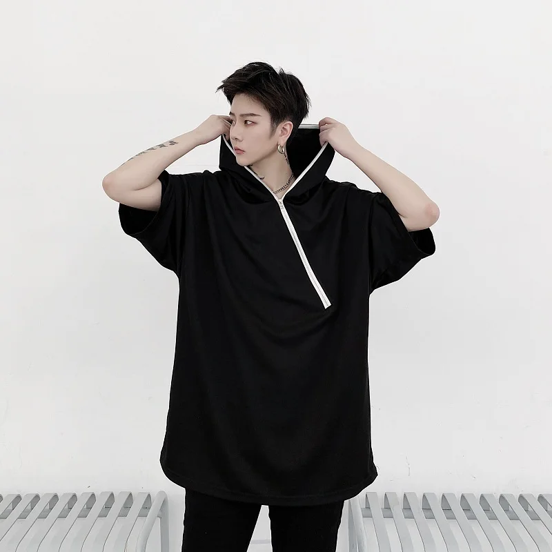 Men's T-shirt summer wear hooded short sleeve men diagonal zipper design black loose casual half sleeve yamamoto style