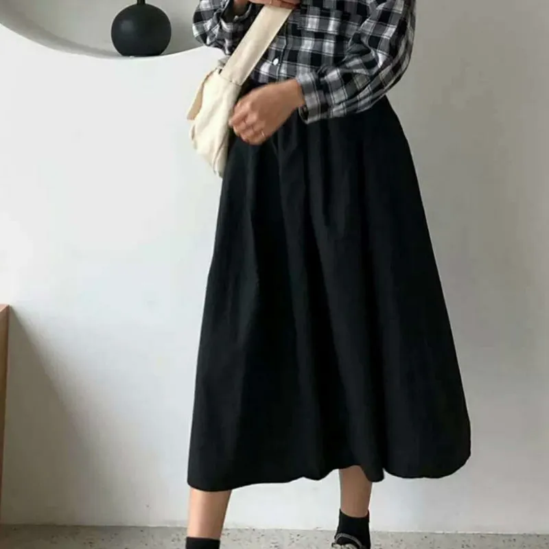 Women Skirts Solid Mid-calf All-match Loose Plus Size 3XL Casual Anti-glare A-line Elastic Waist Elegant Chic Stylish Ulzzang