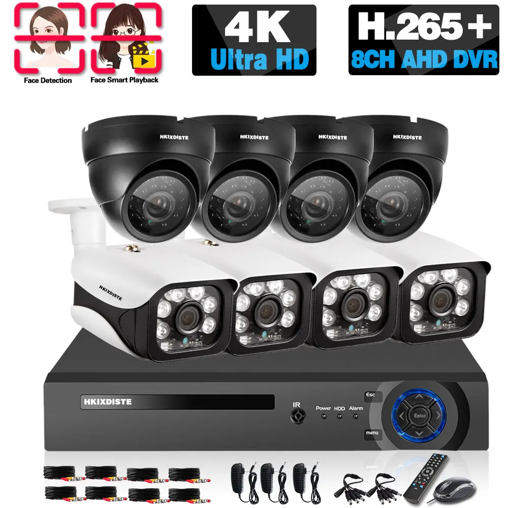 H.265 8-kanałowy zestaw 4K Ultra HD CCTV AHD DVR 8-kanałowy zestaw 4K do wykrywania twarzy Zestaw do monitoringu w domu z kamerą bezpieczeństwa 8MP XMEYE