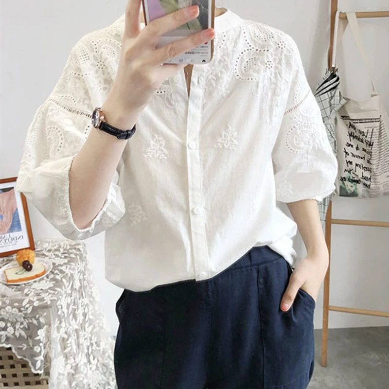 Women Solid Shirts Blouses Casual Summer Korean Tops Vintage Long Sleeves Shirts Blusas Mujer