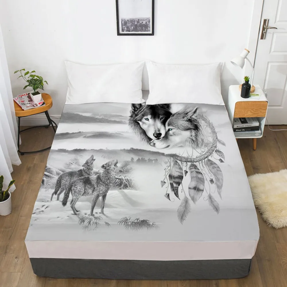 

3D Printed Fitted Sheet Custom Design Mattress Fitted Cover Bed Linens Sheets Bedsheet 198*203cm Snow Wolf Home Bedding