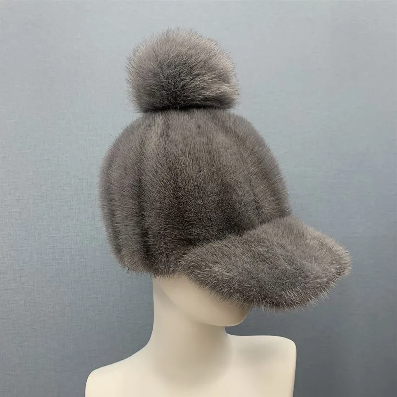 New Women Handmade Genuine Mink Fur Visors Hats Winter Lady Warm Girls Gray Cap with Real Fox Fur Pompom  R4