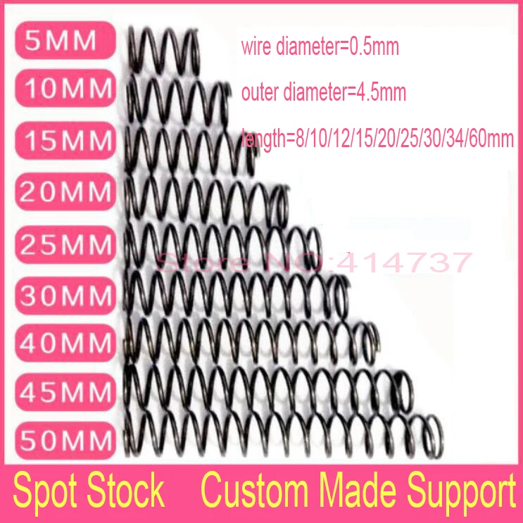 50pcs 0.5mm wire compression springs OD 4.5mm Length 8/10/12/15/20/25/30/34/60mm