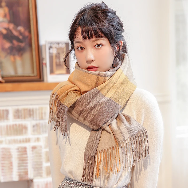 100% Wool Scarf Women Thicken Warm Pink Plaid Echarpe Shawls and Wraps Checkered Pashmina Winter Cashmere Scarves Foulard Femme